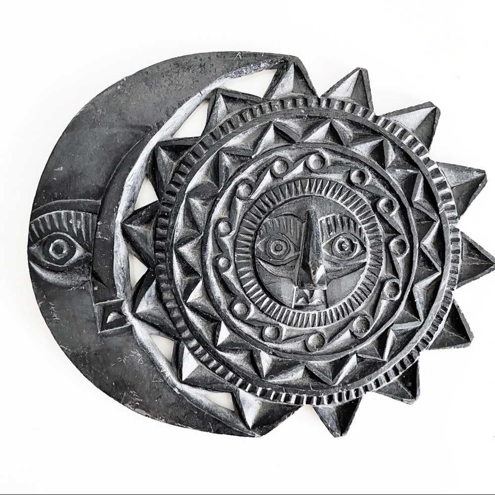 VTG Black Stone Carved Moon Sun Wall Decor Boho